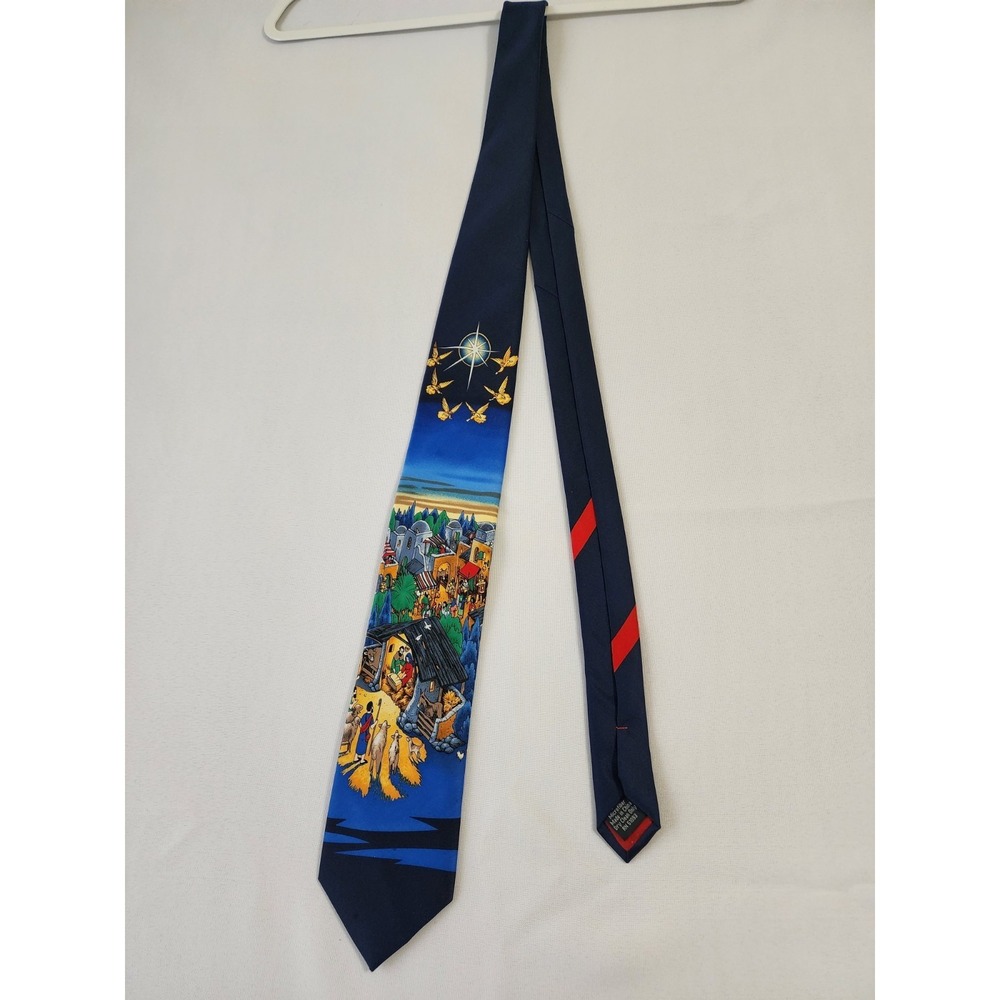 Hallmark Holiday Traditions Manger Scene Christmas Necktie Blue Nativity Wise...